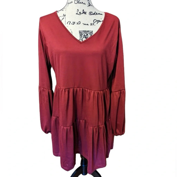 Maroon Red Babydoll Flowy Midi Dress - Women's Large - Picture 2 of 7